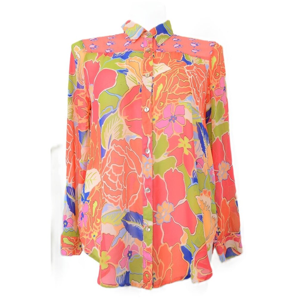Fig & Flower Colorful Floral Feminine Button Long Sleeve Shirt Blouse Top‎ XL